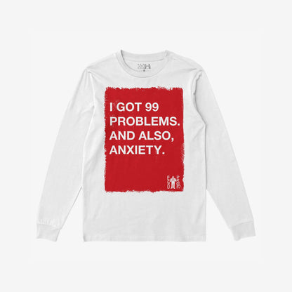 99 Problems T-shirt: White long-sleeve tee with bold red graphic, featuring humorous text on anxiety. Expressive design embodies authenticity and resilience for those embracing life's chaos.