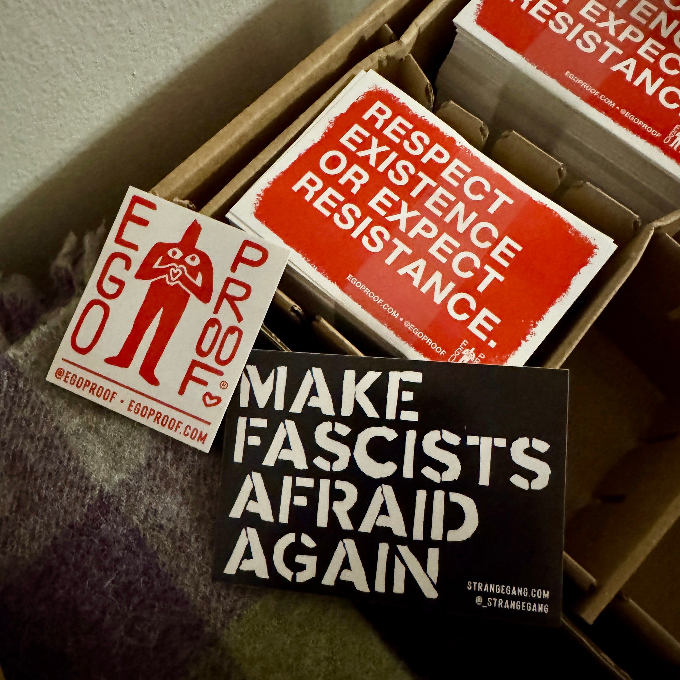 Free Stickers: A small stack of activist stickers in a box, featuring bold messages like Respect Existence or Expect Resistance and Make Fascists Afraid Again, ready for distribution.