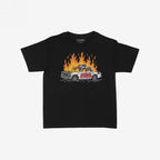ACAB Police Car Women's Baby Tee features a graphic of a burning police cruiser with graffiti-style “ACAB” lettering, embodying a bold, rebellious statement. Perfect for those refusing to stay silent.