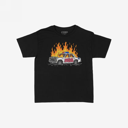 ACAB Police Car Women's Baby Tee features a graphic of a burning police cruiser with graffiti-style “ACAB” lettering, embodying a bold, rebellious statement. Perfect for those refusing to stay silent.