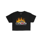 ACAB Police Car Women's Baby Tee features a graphic of a burning police cruiser with graffiti-style “ACAB” lettering, emb