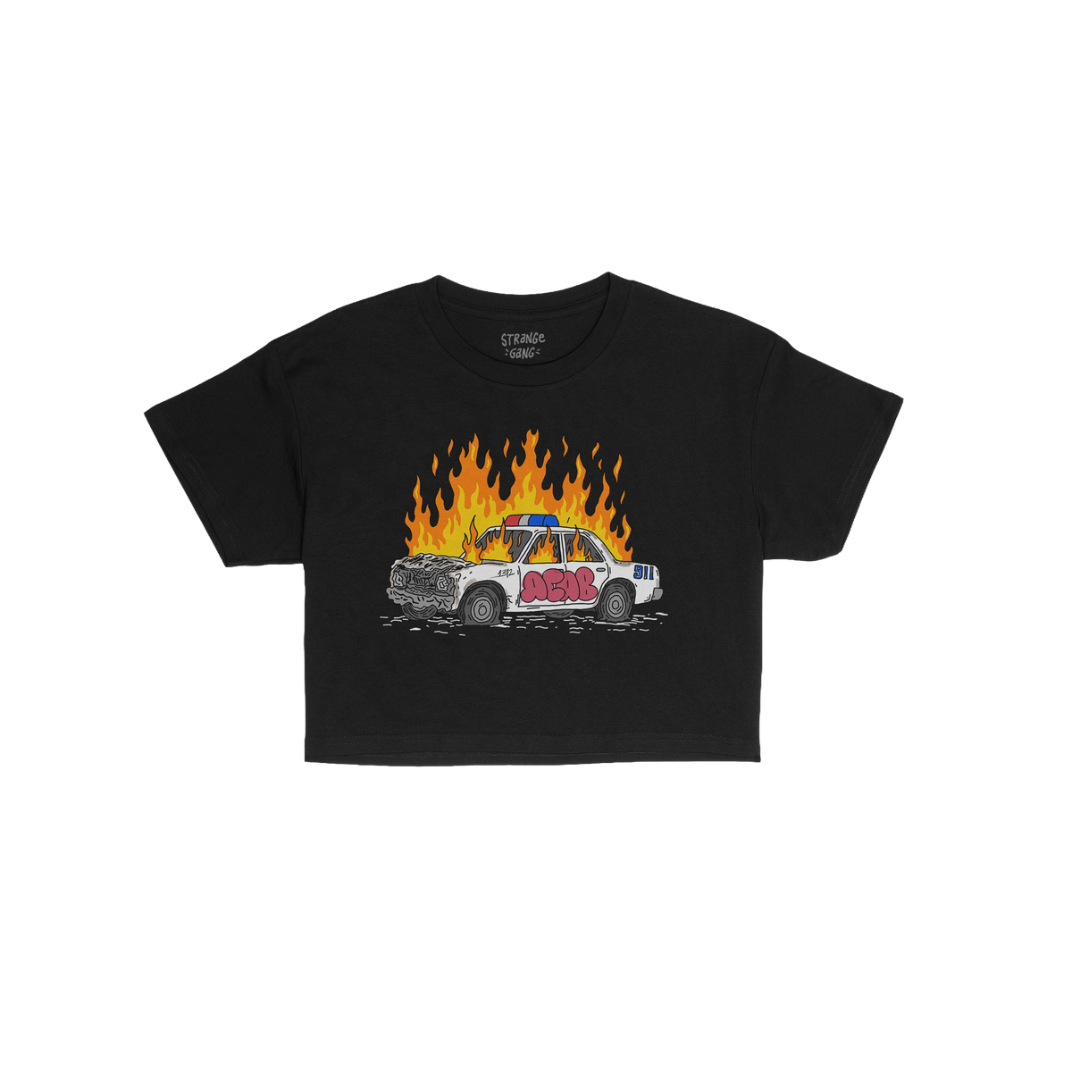 ACAB Police Car Women's Baby Tee features a graphic of a burning police cruiser with graffiti-style “ACAB” lettering, emb