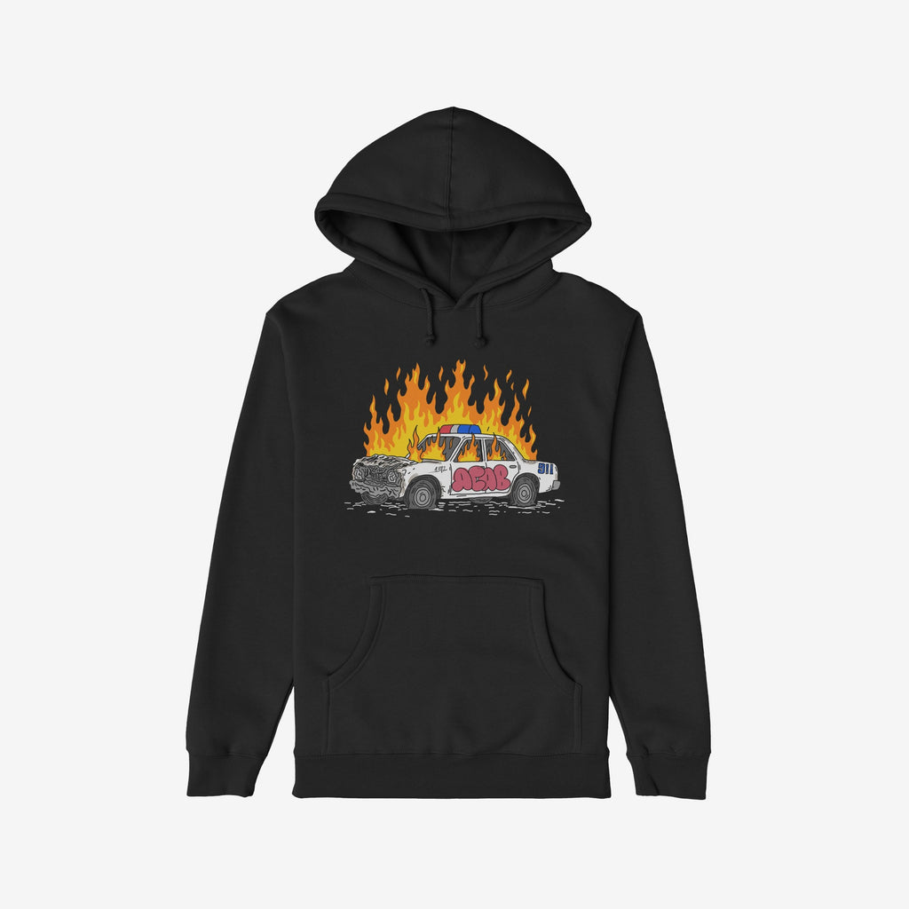Black hoodie featuring the ACAB Police Car Shirt design with a flaming, graffiti-tagged police car illustration.