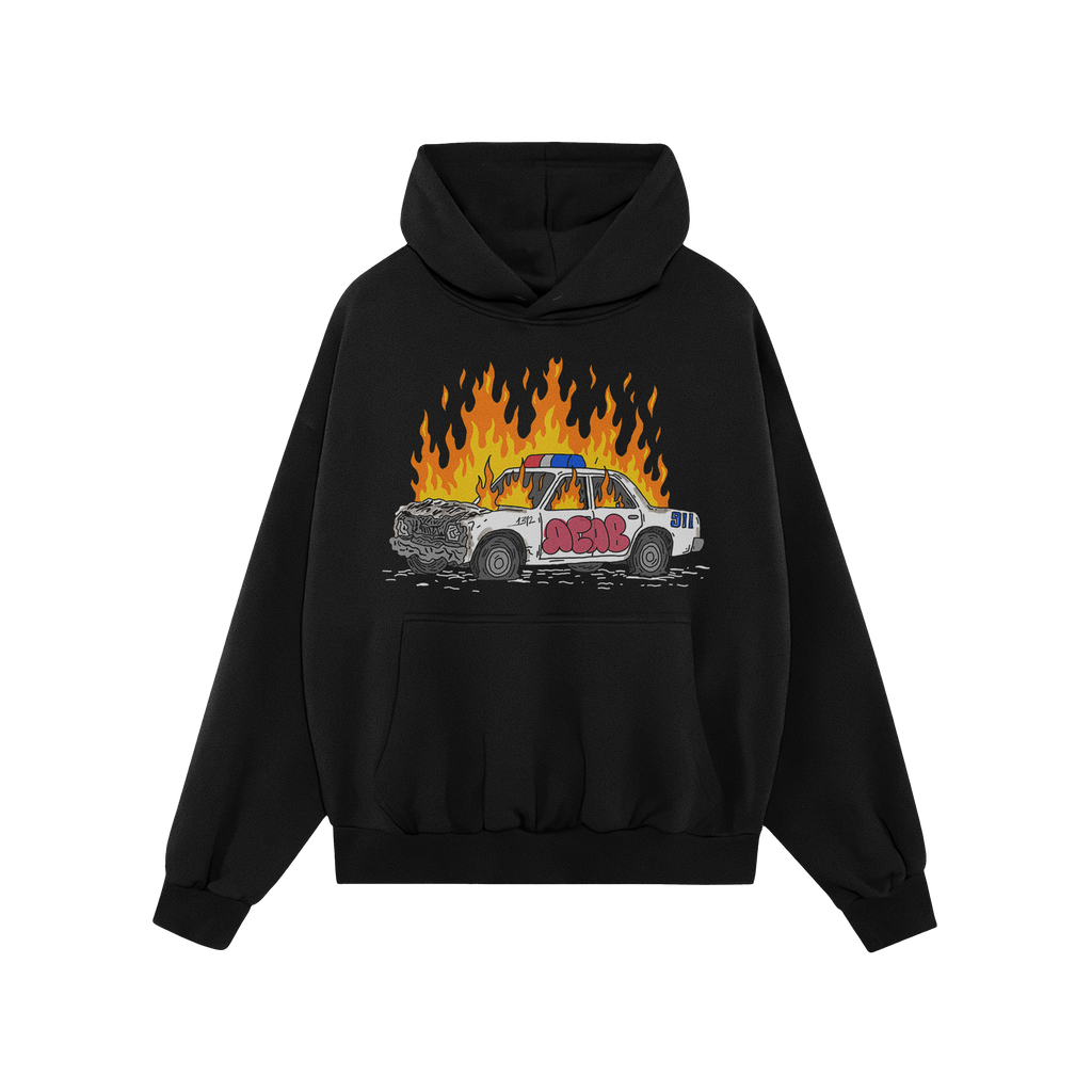 Black hoodie featuring the ACAB Police Car Shirt design with a flaming, graffiti-tagged police car illustration.