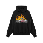 Black hoodie featuring the ACAB Police Car Shirt design with a flaming, graffiti-tagged police car illustration.
