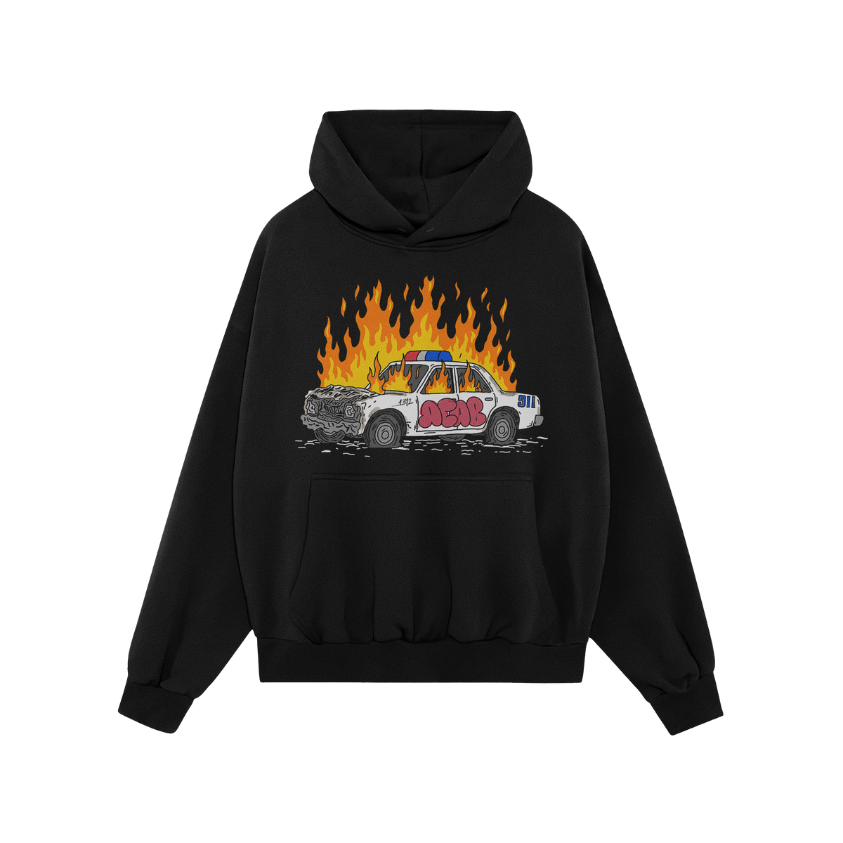 Black hoodie featuring the ACAB Police Car Shirt design with a flaming, graffiti-tagged police car illustration.