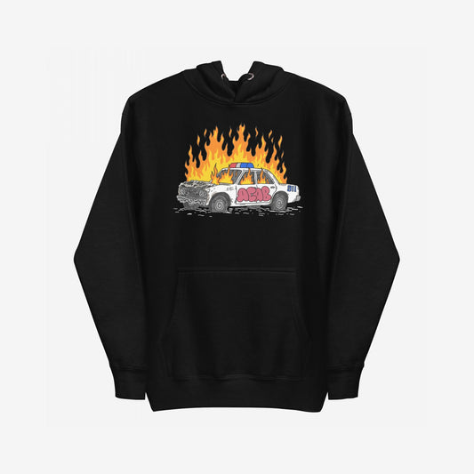 ACAB Police Car Hoodie features a flaming, graffiti-tagged police cruiser graphic, embodying punk rebellion and visible resistance, ideal for those who stand up for social justice and equality.