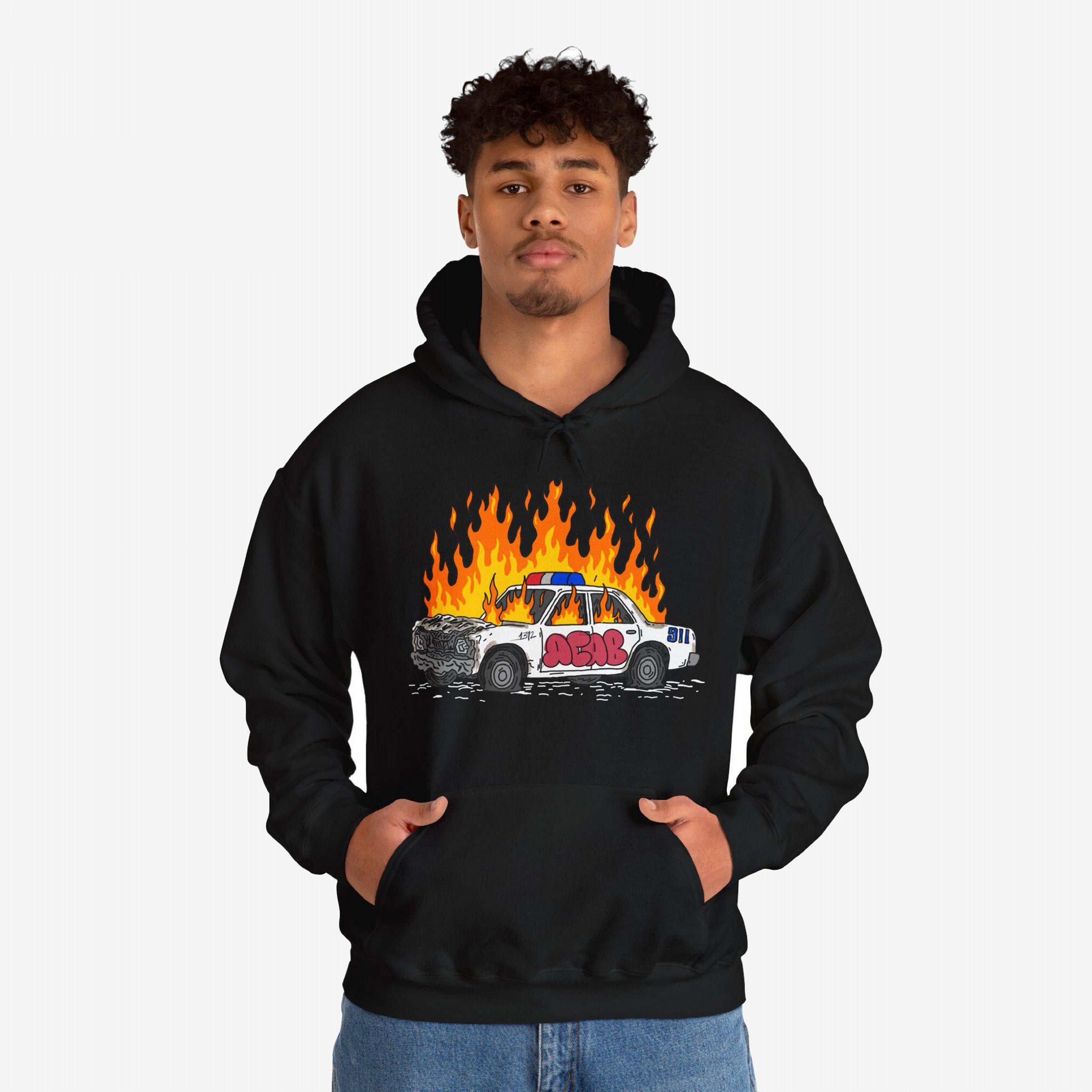 Black hoodie featuring ACAB Police Car Shirt design with a burning cop car and graffiti 1312 illustration.