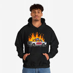 Black hoodie featuring ACAB Police Car Shirt design with a burning cop car and graffiti 1312 illustration.