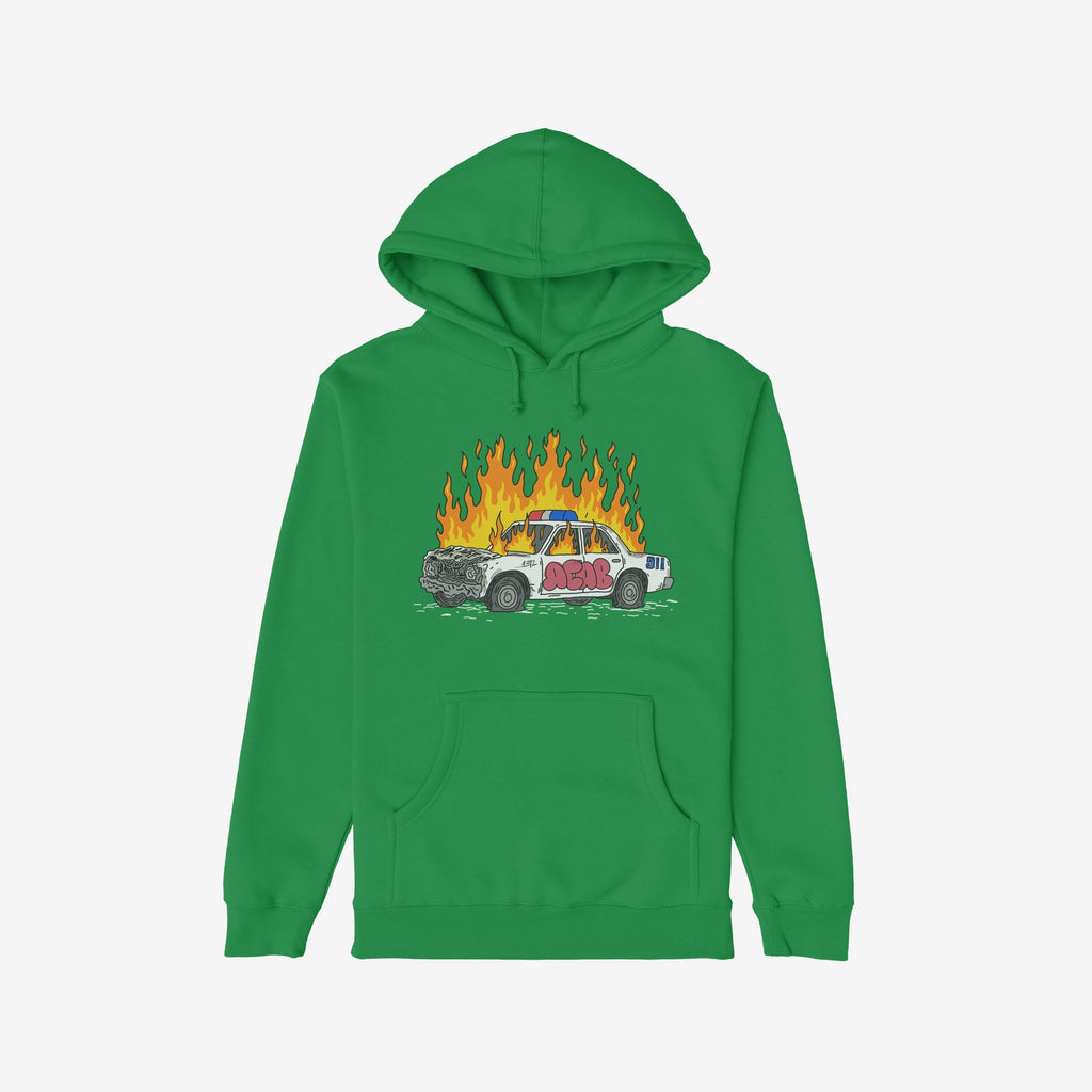 Green hoodie featuring the ACAB Police Car Shirt design with a burning cop car and graffiti tag 1312.