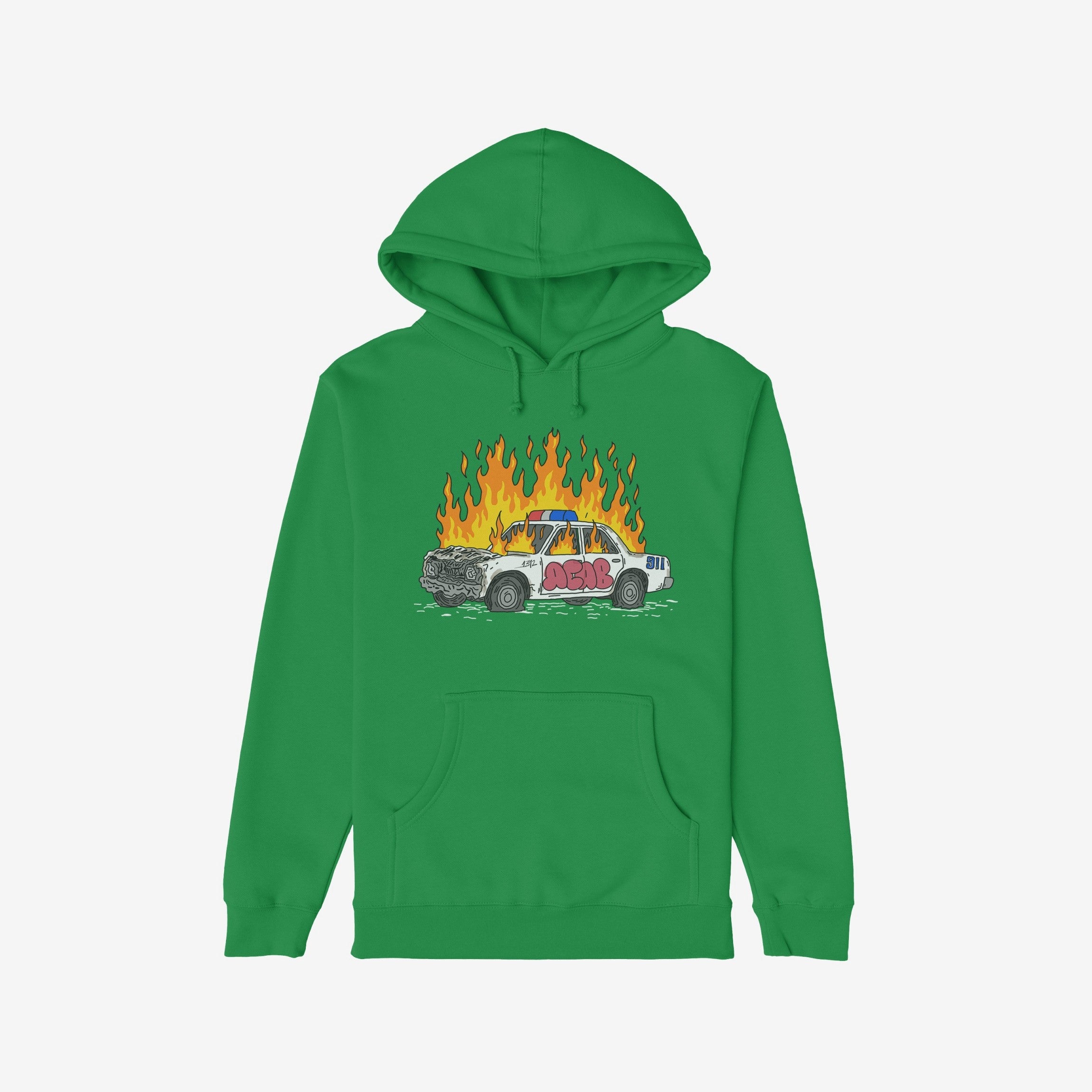 Green hoodie featuring the ACAB Police Car Shirt design with a burning cop car and graffiti tag 1312.
