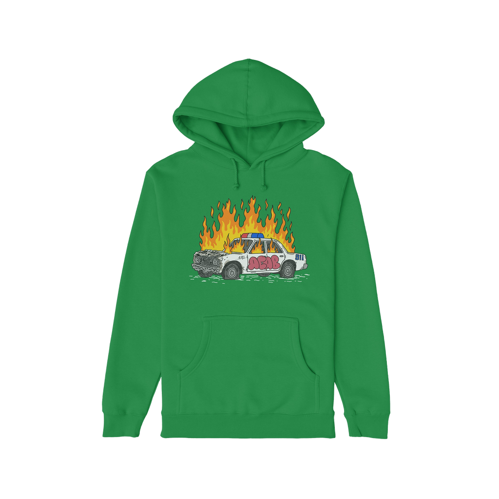 Green hoodie featuring the ACAB Police Car Shirt design with a burning cop car and graffiti tag 1312.