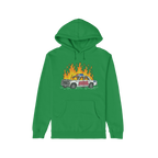 Green hoodie featuring the ACAB Police Car Shirt design with a burning cop car and graffiti tag 1312.