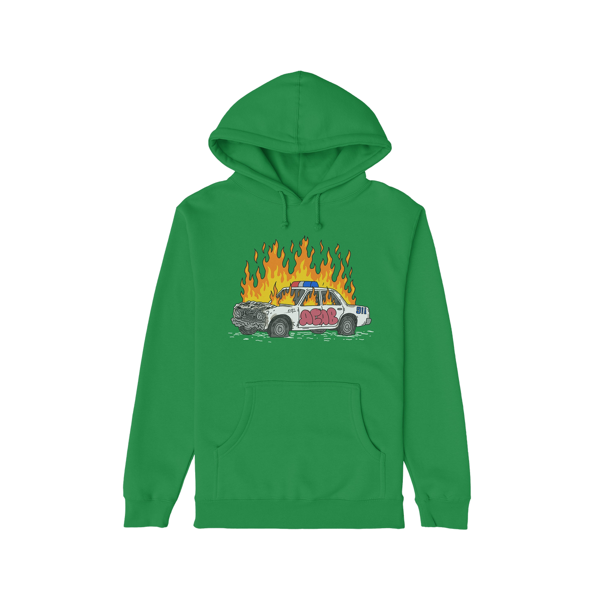 Green hoodie featuring the ACAB Police Car Shirt design with a burning cop car and graffiti tag 1312.