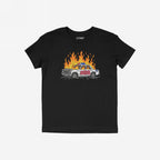 ACAB Police Car Shirt featuring a hand-drawn burning cop car with graffiti 1312 on a black T-shirt.