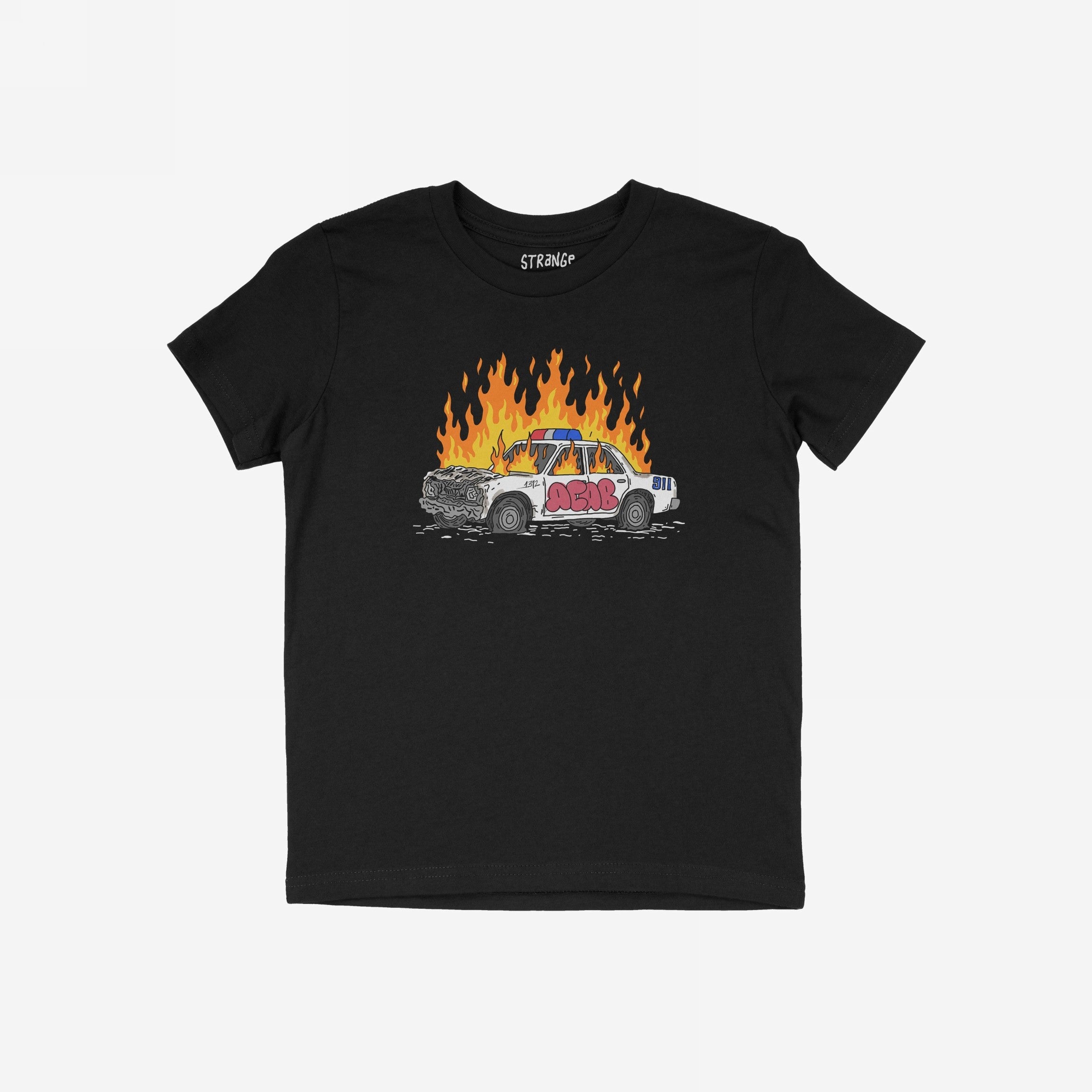 ACAB Police Car Shirt featuring a hand-drawn burning cop car with graffiti 1312 on a black T-shirt.