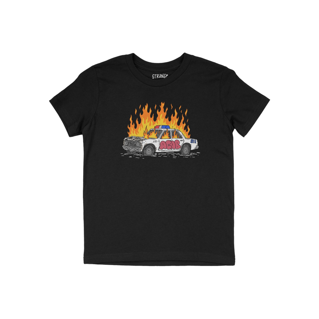 ACAB Police Car Shirt featuring a hand-drawn burning cop car with graffiti 1312 on a black T-shirt.