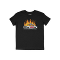 ACAB Police Car Shirt featuring a hand-drawn burning cop car with graffiti 1312 on a black T-shirt.