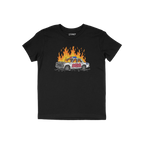 ACAB Police Car Shirt featuring a hand-drawn burning cop car with graffiti 1312 on a black T-shirt.