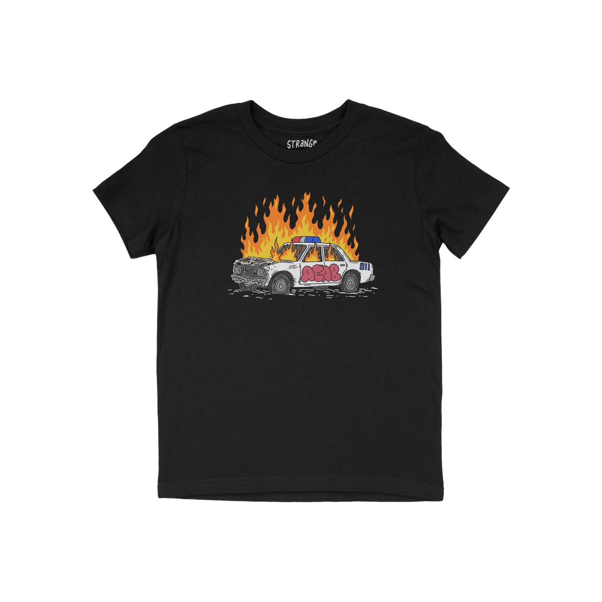 ACAB Police Car Shirt featuring a hand-drawn burning cop car with graffiti 1312 on a black T-shirt.