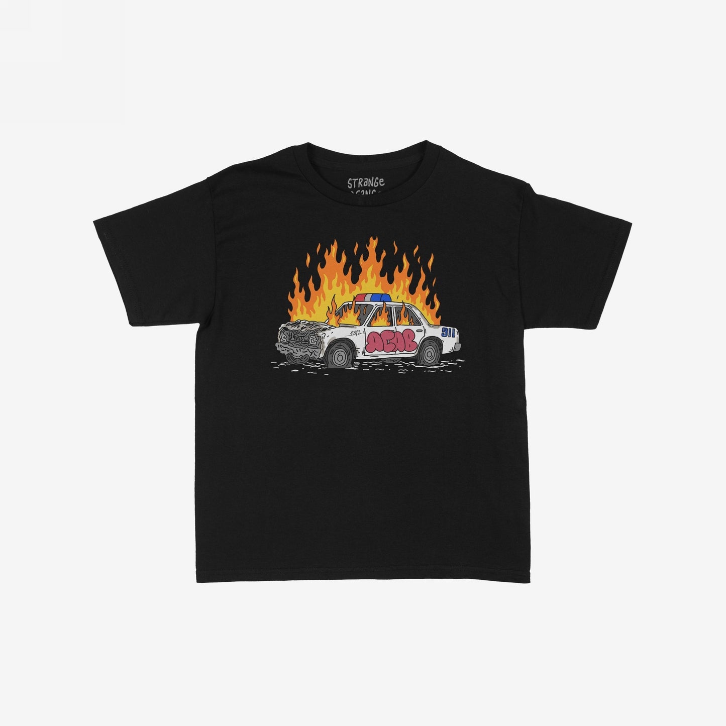 ACAB Police Car T-shirt featuring a cartoon-style graphic of a flaming police cruiser with graffiti elements, embodying a bold, rebellious statement. Available in various sizes for men/unisex and kids.