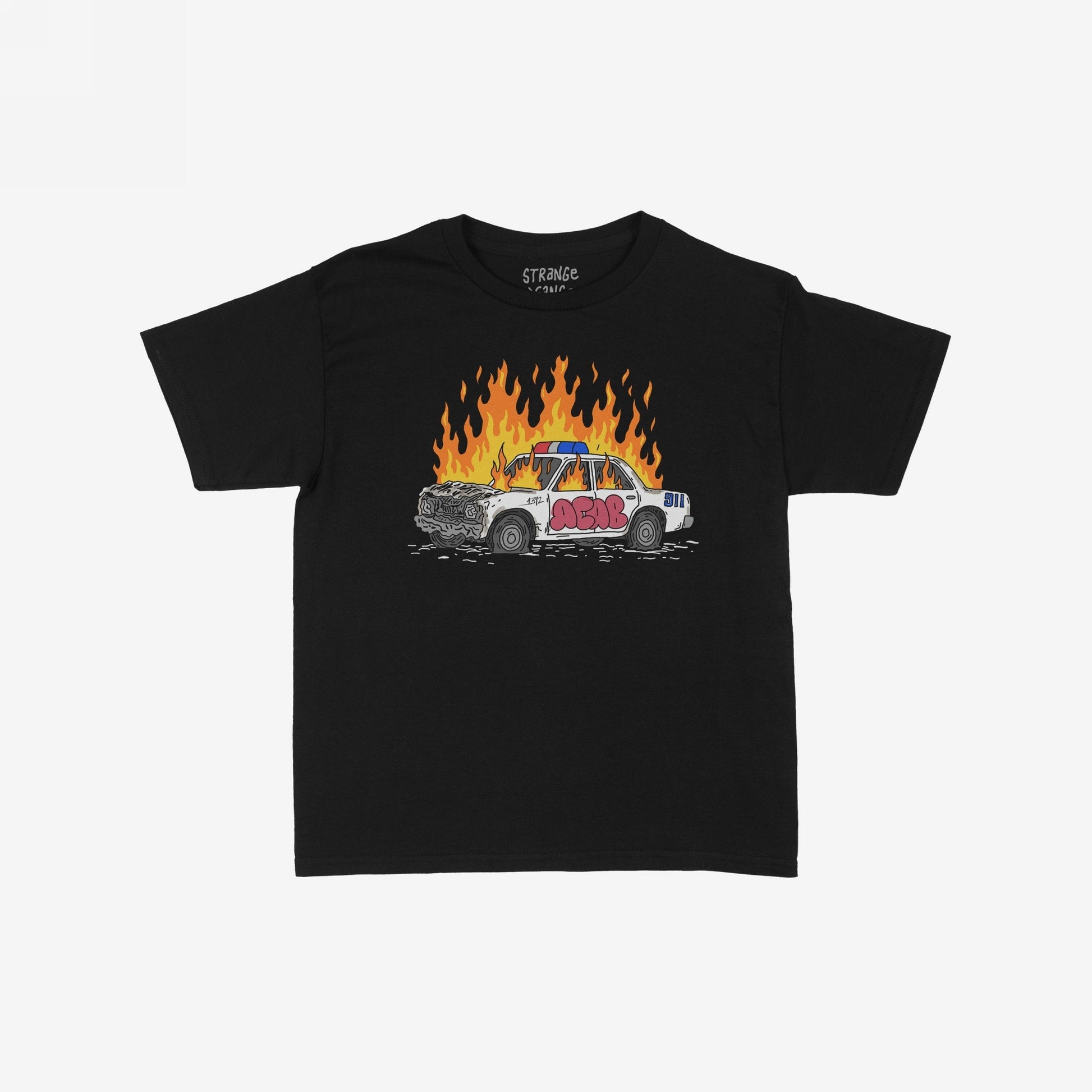 ACAB Police Car T-shirt featuring a cartoon-style graphic of a flaming police cruiser with graffiti elements, embodying a bold, rebellious statement. Available in various sizes for men/unisex and kids.