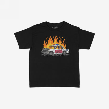 ACAB Police Car T-shirt featuring a cartoon-style graphic of a flaming police cruiser with graffiti elements, embodying a bold, rebellious statement. Available in various sizes for men/unisex and kids.