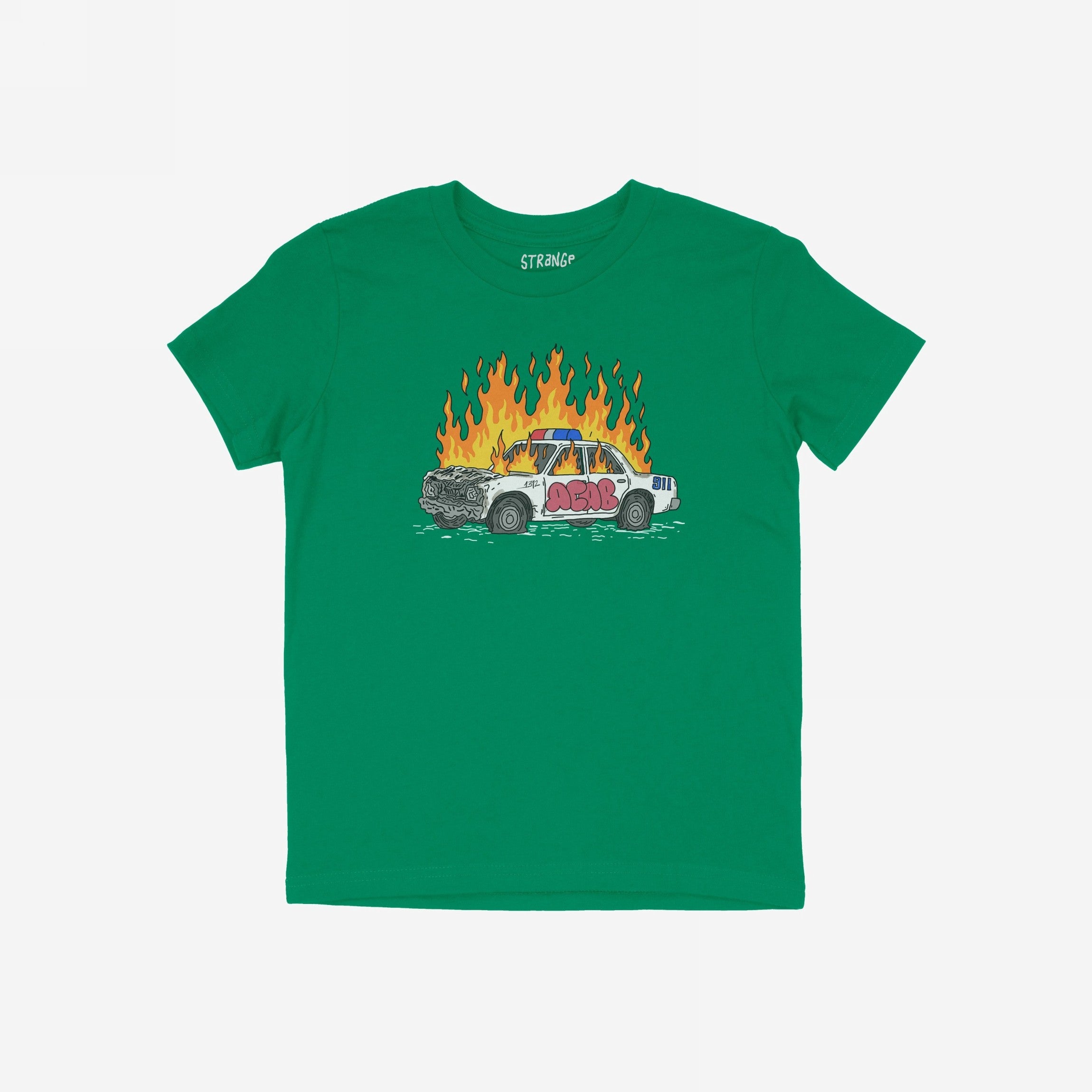 Green ACAB Police Car Shirt featuring a hand-drawn burning cop car with graffiti and fiery smoke design.
