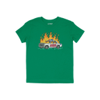 Green ACAB Police Car Shirt featuring a hand-drawn burning cop car with graffiti and fiery smoke design.
