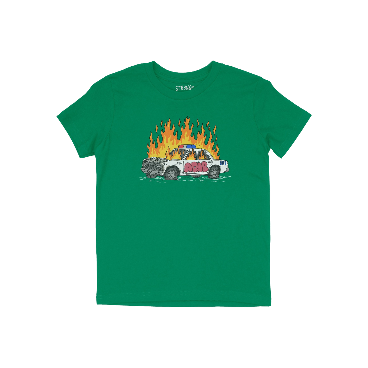 Green ACAB Police Car Shirt featuring a hand-drawn burning cop car with graffiti and fiery smoke design.