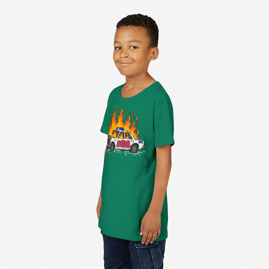 Child wearing green ACAB Police Car Shirt featuring a burning police car with graffiti 1312 design