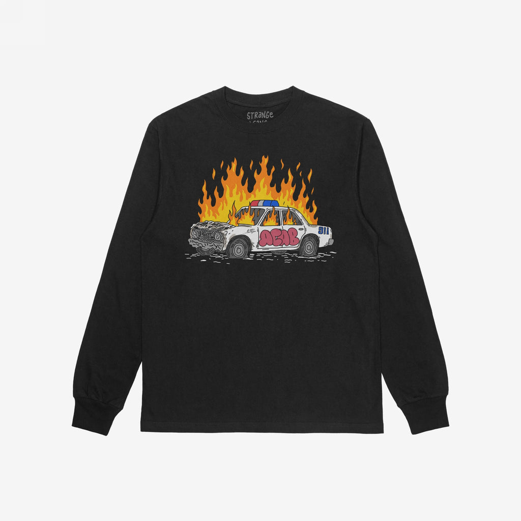 ACAB Police Car Shirt with hand-drawn burning cop car graphic and graffiti 1312 on black long sleeve tee.