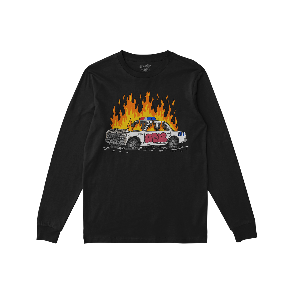 ACAB Police Car Shirt with hand-drawn burning cop car graphic and graffiti 1312 on black long sleeve tee.