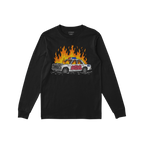 ACAB Police Car Shirt with hand-drawn burning cop car graphic and graffiti 1312 on black long sleeve tee.