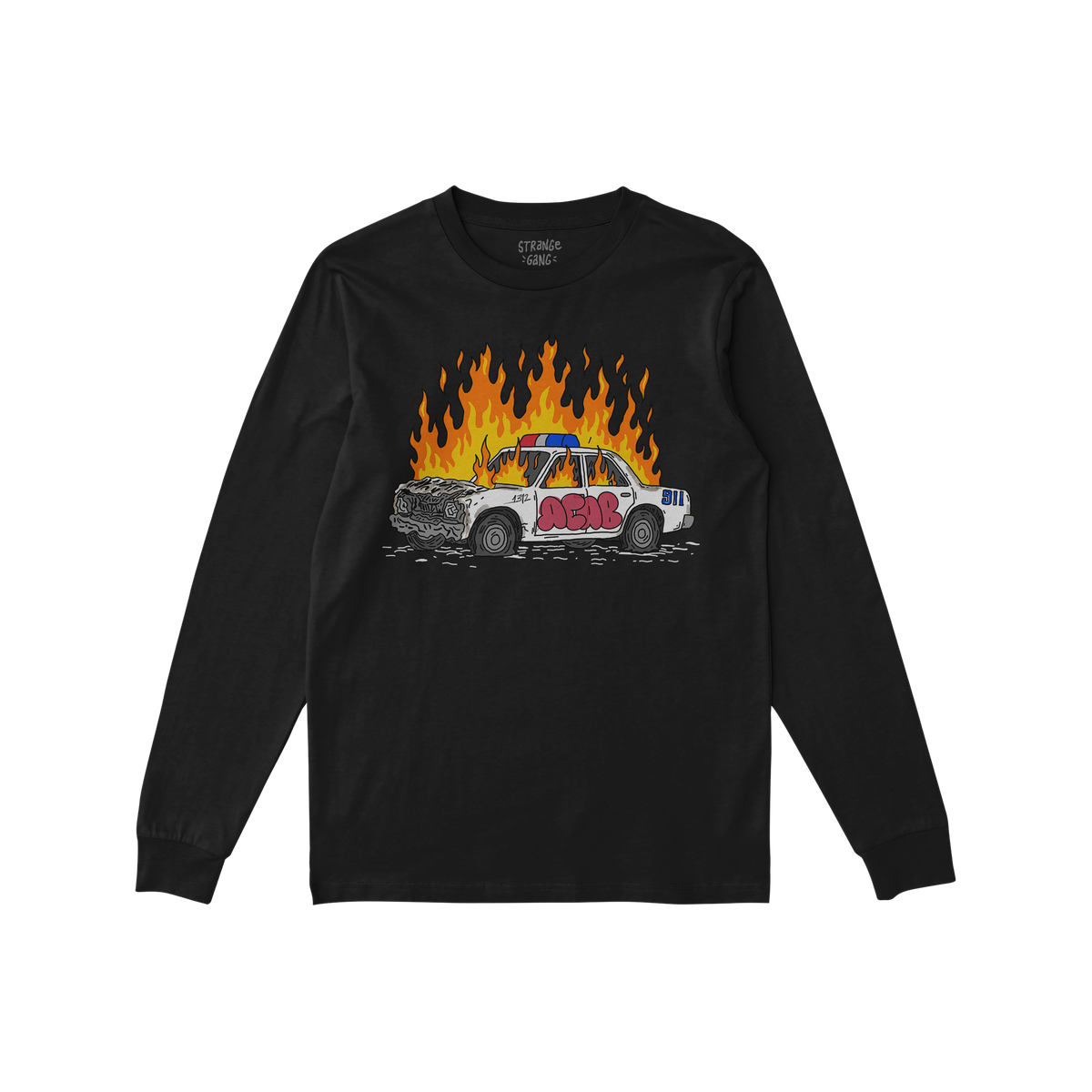 ACAB Police Car Shirt with hand-drawn burning cop car graphic and graffiti 1312 on black long sleeve tee.