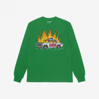 ACAB Police Car Shirt long sleeve in green with hand-drawn burning cop car graffiti design and punk style.