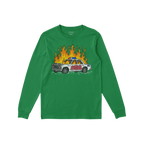 ACAB Police Car Shirt long sleeve in green with hand-drawn burning cop car graffiti design and punk style.