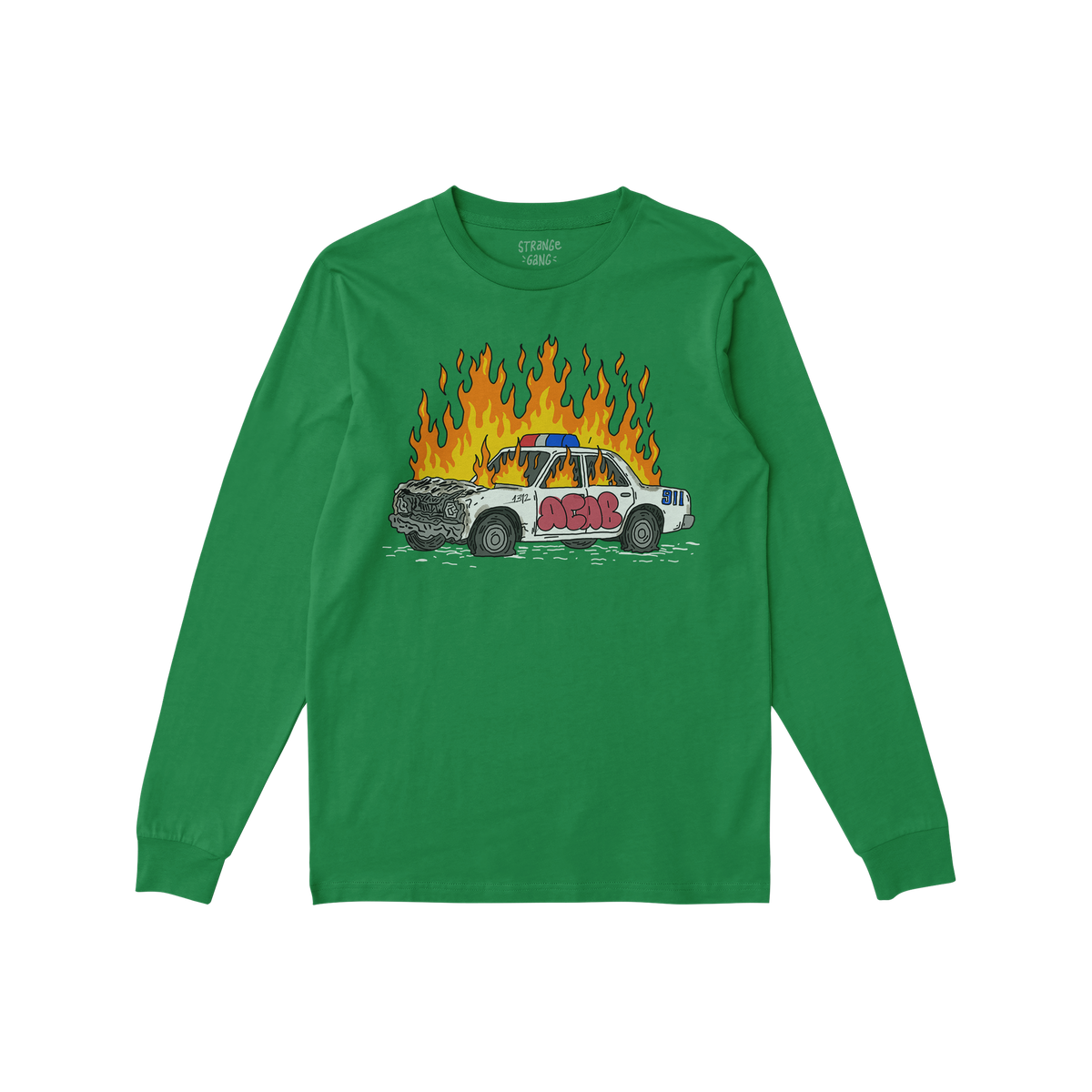 ACAB Police Car Shirt long sleeve in green with hand-drawn burning cop car graffiti design and punk style.