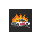 ACAB Police Car Sticker & Magnet: Illustration of a flaming, vandalized police cruiser with graffiti, symbolizing resistance 