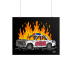 ACAB Police Car Poster depicting a flaming, wrecked white police sedan with red graffiti, ACAB, and 911 on the rear. Evokes d