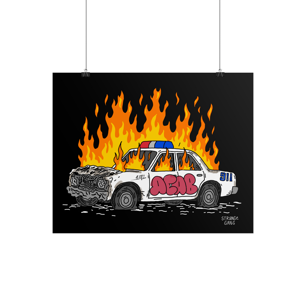 ACAB Police Car Poster depicting a flaming, wrecked white police sedan with red graffiti, ACAB, and 911 on the rear. Evokes d