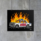 ACAB Police Car Poster showing a hand-drawn burning police car with graffiti on high-quality matte paper.