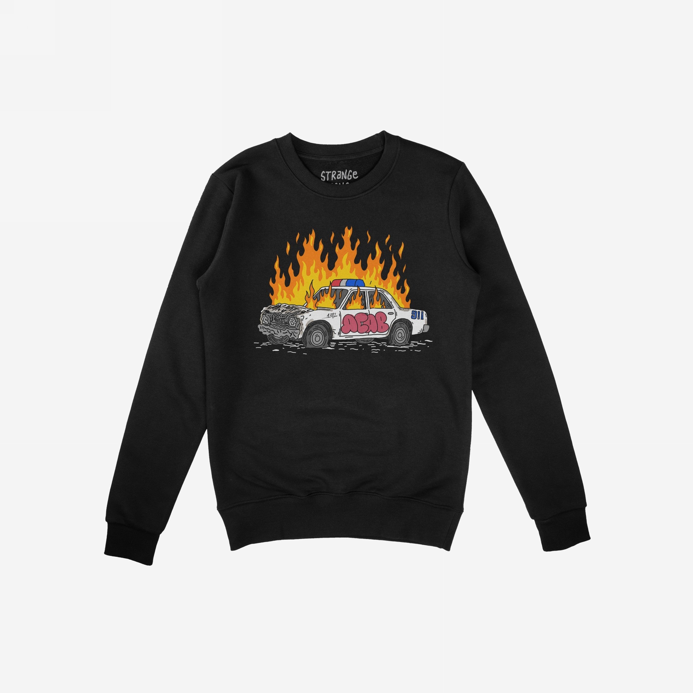 Black sweatshirt featuring the ACAB Police Car Shirt design with a burning cop car and bold graffiti text.