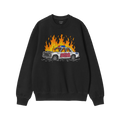 Black sweatshirt featuring the ACAB Police Car Shirt design with a burning cop car and bold graffiti text.