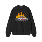 Black sweatshirt featuring the ACAB Police Car Shirt design with a burning cop car and bold graffiti text.