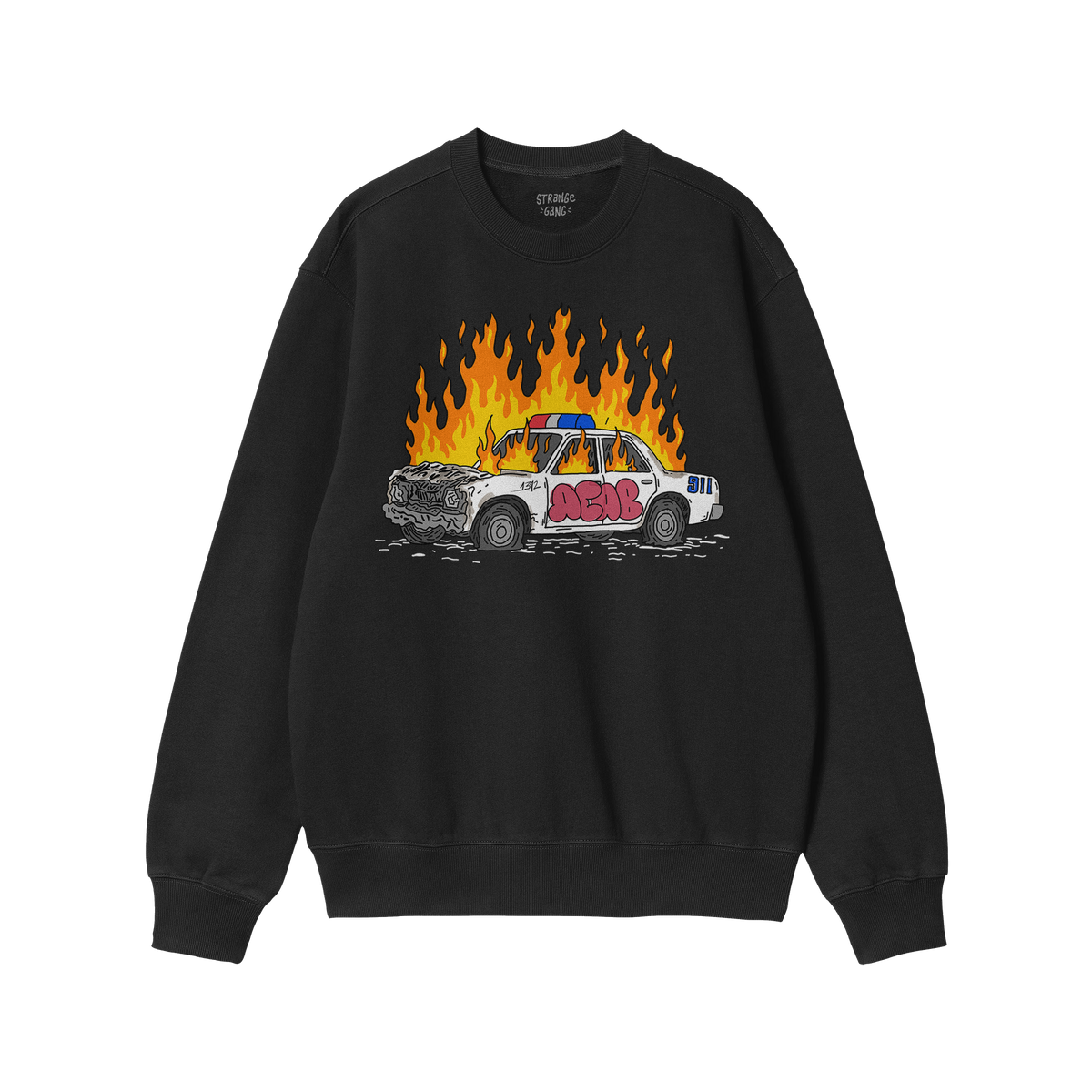 Black sweatshirt featuring the ACAB Police Car Shirt design with a burning cop car and bold graffiti text.
