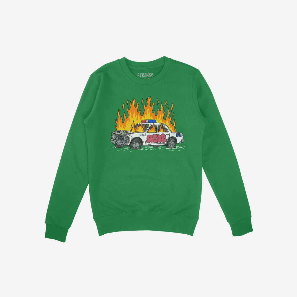 Green sweatshirt featuring the ACAB Police Car Shirt design with a burning cop car and graffiti text.