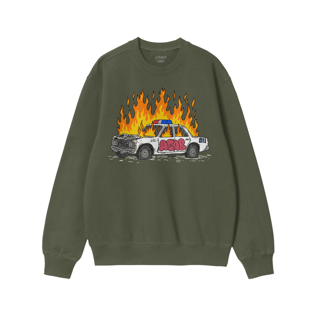 Green sweatshirt featuring the ACAB Police Car Shirt design with a burning cop car and graffiti text.