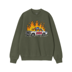 Green sweatshirt featuring the ACAB Police Car Shirt design with a burning cop car and graffiti text.