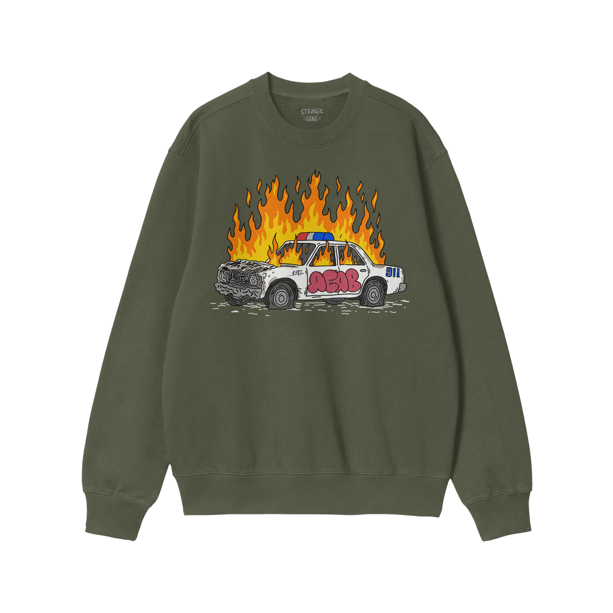 Green sweatshirt featuring the ACAB Police Car Shirt design with a burning cop car and graffiti text.